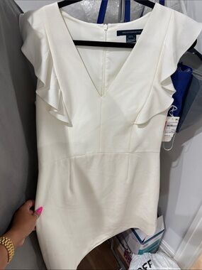 French Connection Cream V-Neck Ruffle Sleeve Sheath Dress